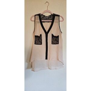 Nicolette Womens XL Peach Pink Black Lace Trim Button Up High Low Blouse